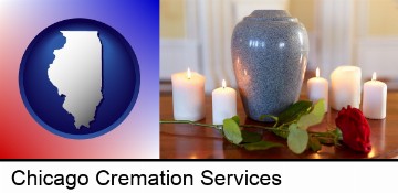 cremation urn with red rose and burning candles in Chicago, IL