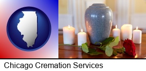 Chicago, Illinois - cremation urn with red rose and burning candles