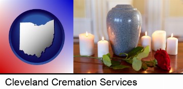 cremation urn with red rose and burning candles in Cleveland, OH