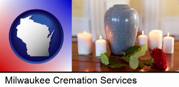 cremation urn with red rose and burning candles in Milwaukee, WI