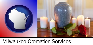 Milwaukee, Wisconsin - cremation urn with red rose and burning candles