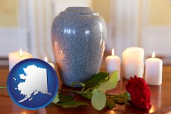 alaska map icon and cremation urn with red rose and burning candles