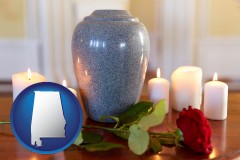 alabama map icon and cremation urn with red rose and burning candles