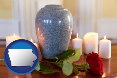 iowa map icon and cremation urn with red rose and burning candles