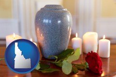 idaho map icon and cremation urn with red rose and burning candles