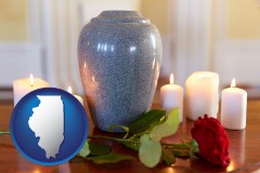 illinois map icon and cremation urn with red rose and burning candles
