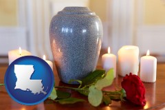 louisiana map icon and cremation urn with red rose and burning candles