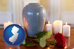 new-jersey map icon and cremation urn with red rose and burning candles