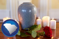 south-carolina map icon and cremation urn with red rose and burning candles