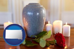 south-dakota map icon and cremation urn with red rose and burning candles