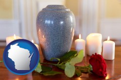 wisconsin map icon and cremation urn with red rose and burning candles