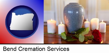 cremation urn with red rose and burning candles in Bend, OR