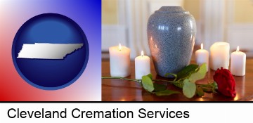 cremation urn with red rose and burning candles in Cleveland, TN