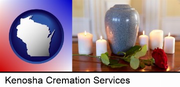 cremation urn with red rose and burning candles in Kenosha, WI