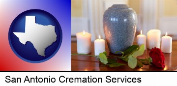 cremation urn with red rose and burning candles in San Antonio, TX