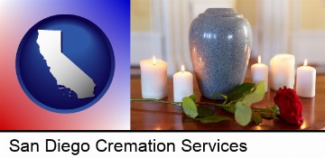 cremation urn with red rose and burning candles in San Diego, CA